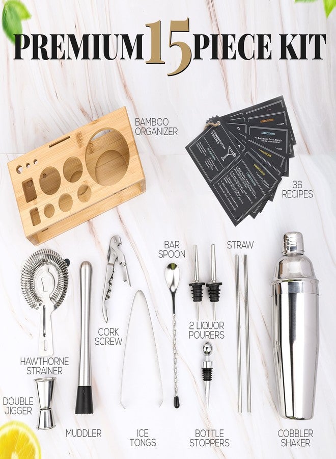 MixMate Mixology Bartender Kit with Stand - 15 Piece Bar Tool Set, Silver Bar Set Cocktail Shaker Set for Drink Mixing - Includes Martini Shaker, Jigger, Strainer, Bar Mixer Spoon, Tongs | Gift Idea (Natural) - Image 3